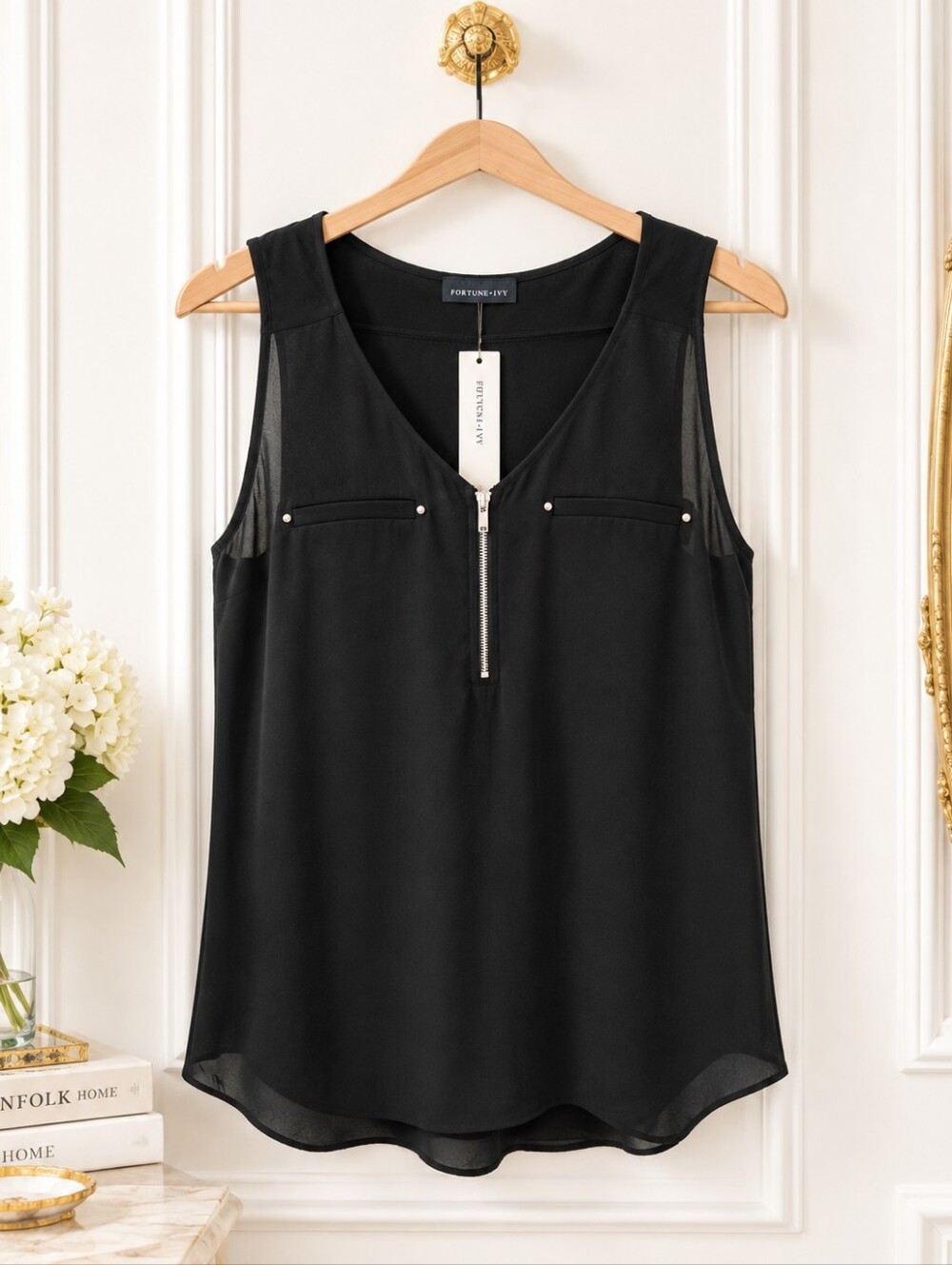 NWT Fortune + Ivy Black Zip Front Sleeveless Blouse | Size 1X - Picture 5 of 9